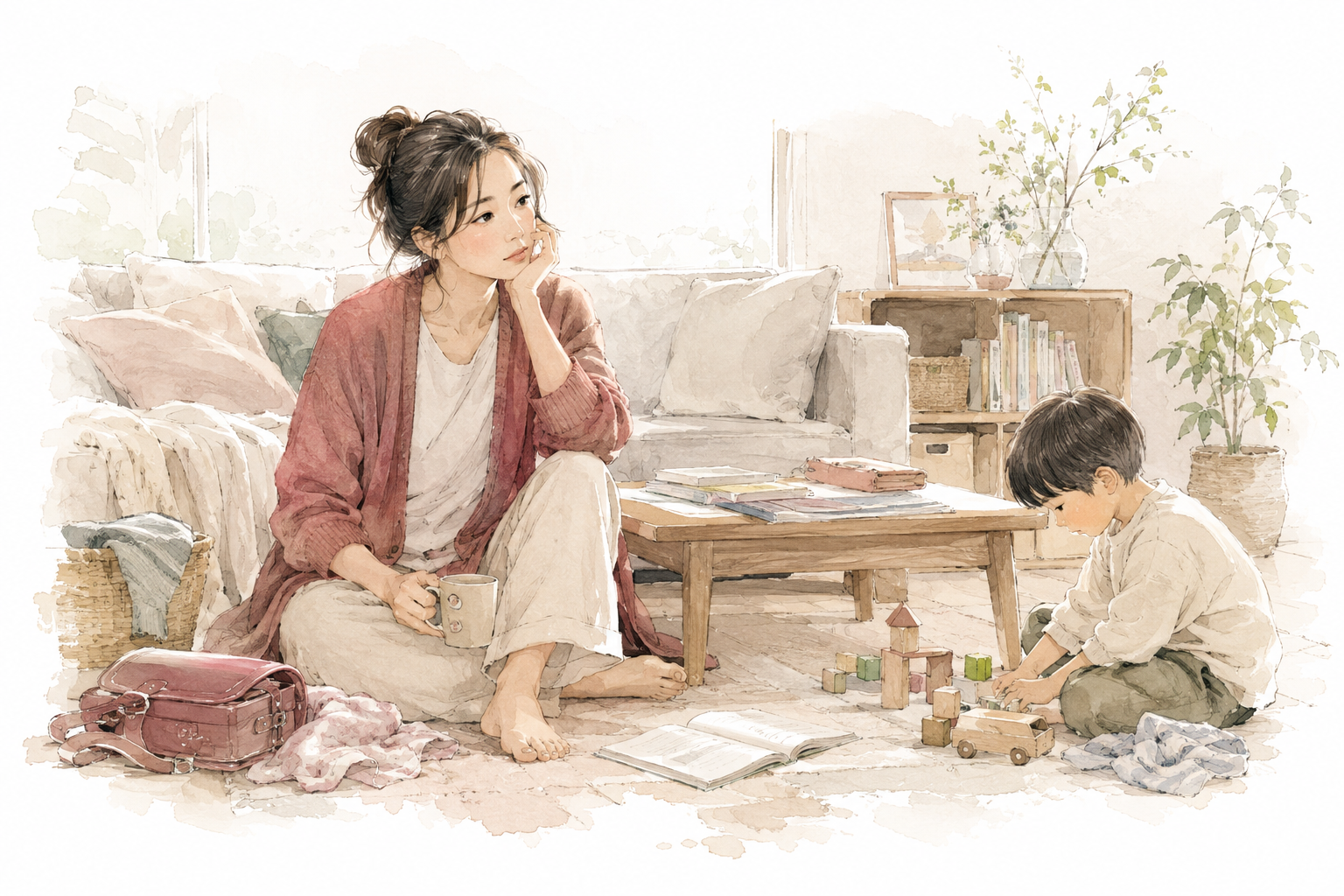 散らかった部屋で頑張り続けてきた母親と子どもの水彩イラスト