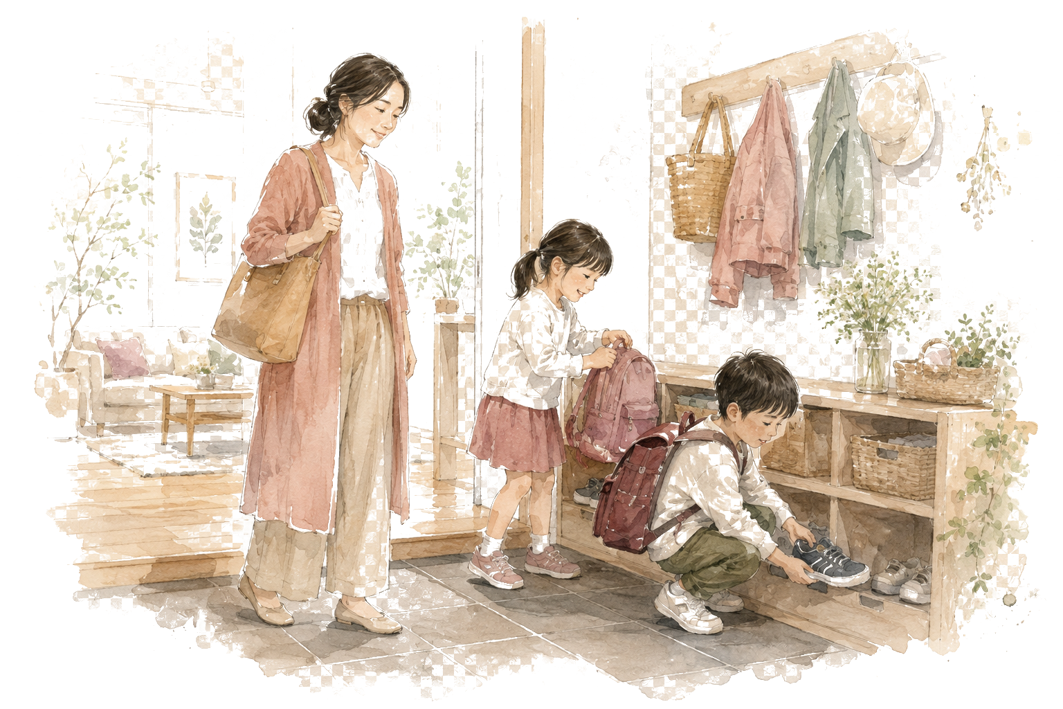 子どもが自分で支度し家族が穏やかに出かける朝の水彩イラスト